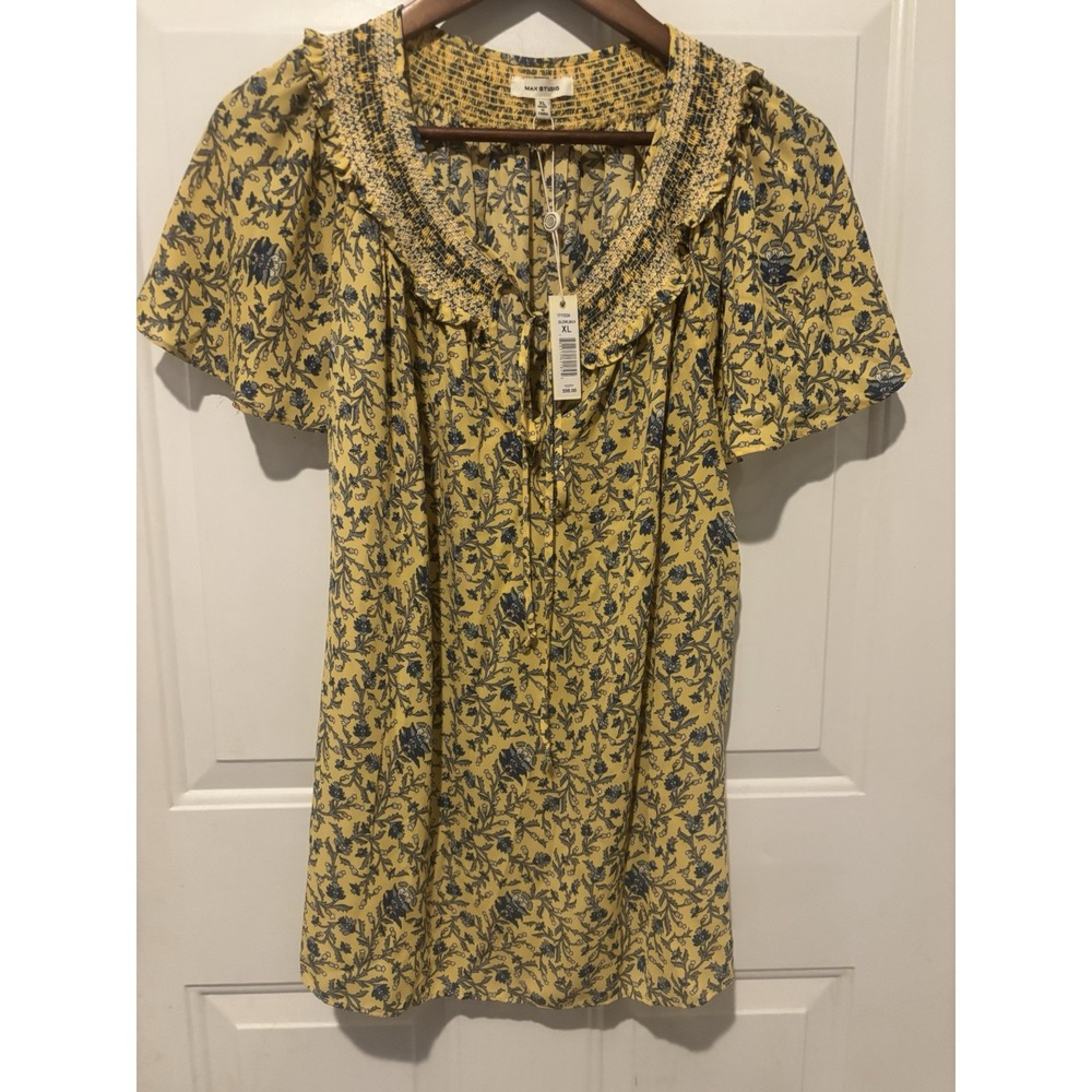 Max Studio Blouse NWT Floral Boho Top‎ Shirt Peasant Yellow Short Sleeve XL Top
